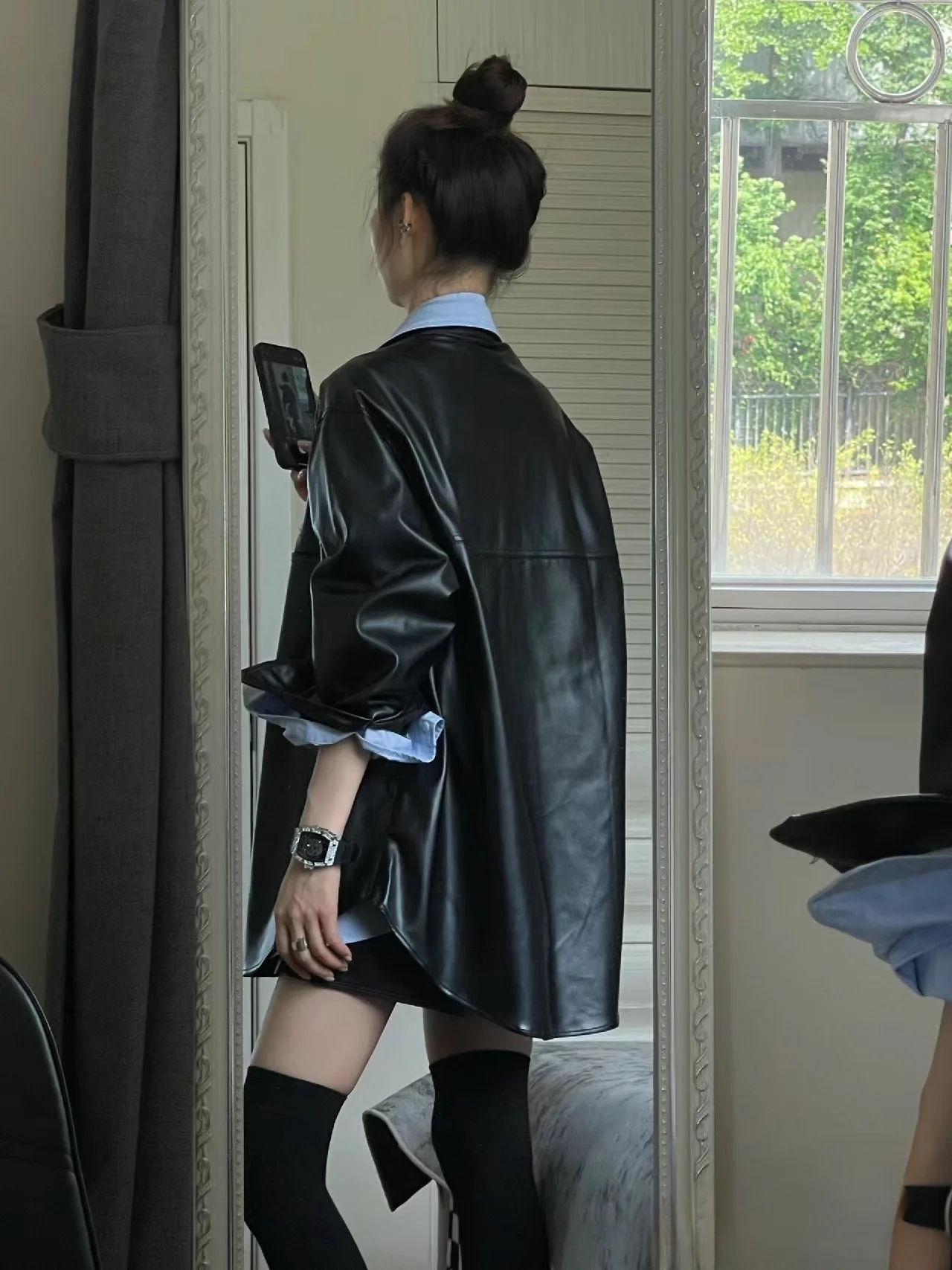 Motocycle Fashion Girls Black PU Jacket Long Sleeves Turn Down Collar 2023 Winter Fall Women Faux Leather Coat