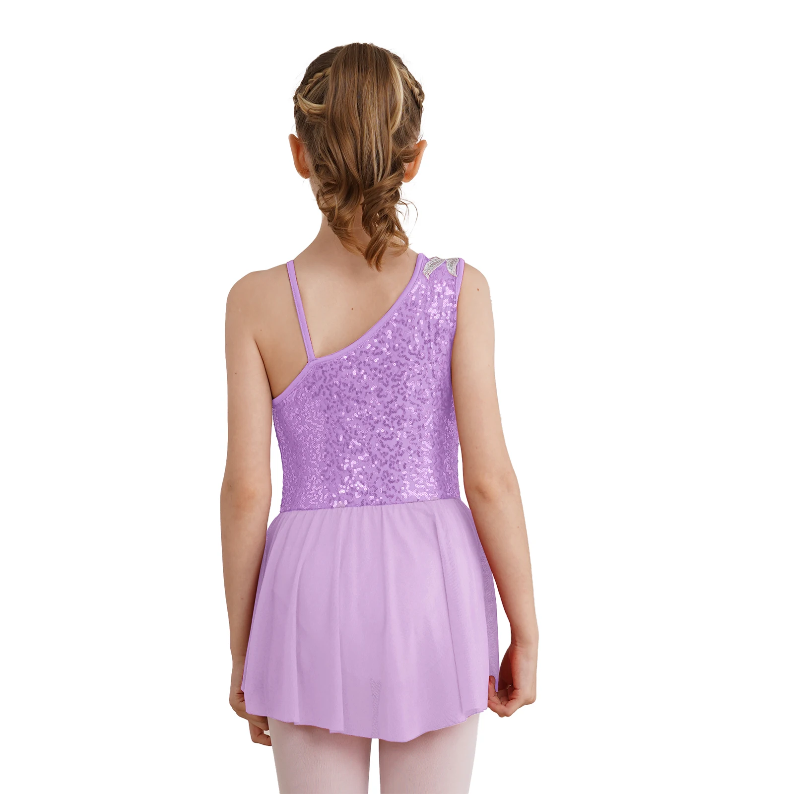 2023 Kids Girls Sleeveless Dress Ballet Dance Performance Costumes Oblique Shoulder Sequins Floral Decorated Patchwork Dresses