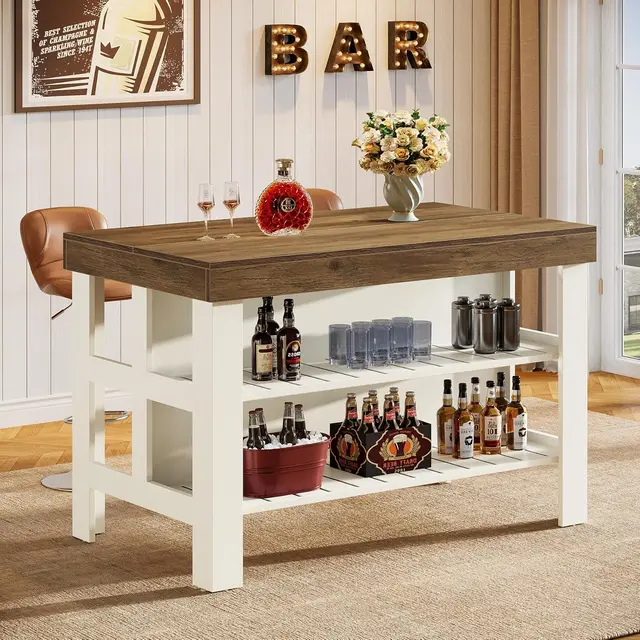 Home Bar Table Unit with Storage Shelves, 55.1-Inch Farmhouse Counter Height Bar Cabinet for Kitchen Dining Room, Customized