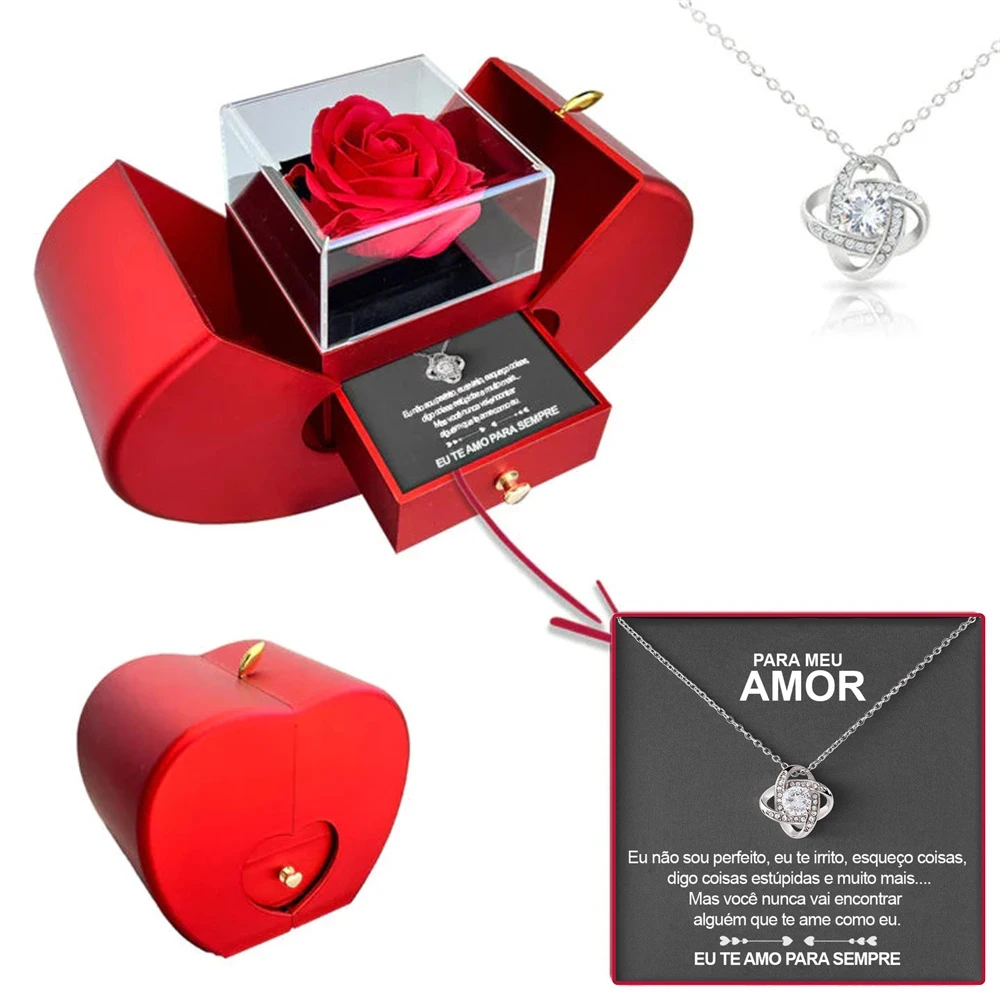 Christmas Gift Red Apple Jewelry Box Necklace Eternal Rose for Girl Mother's Day New Year Valentine's Day Gifts