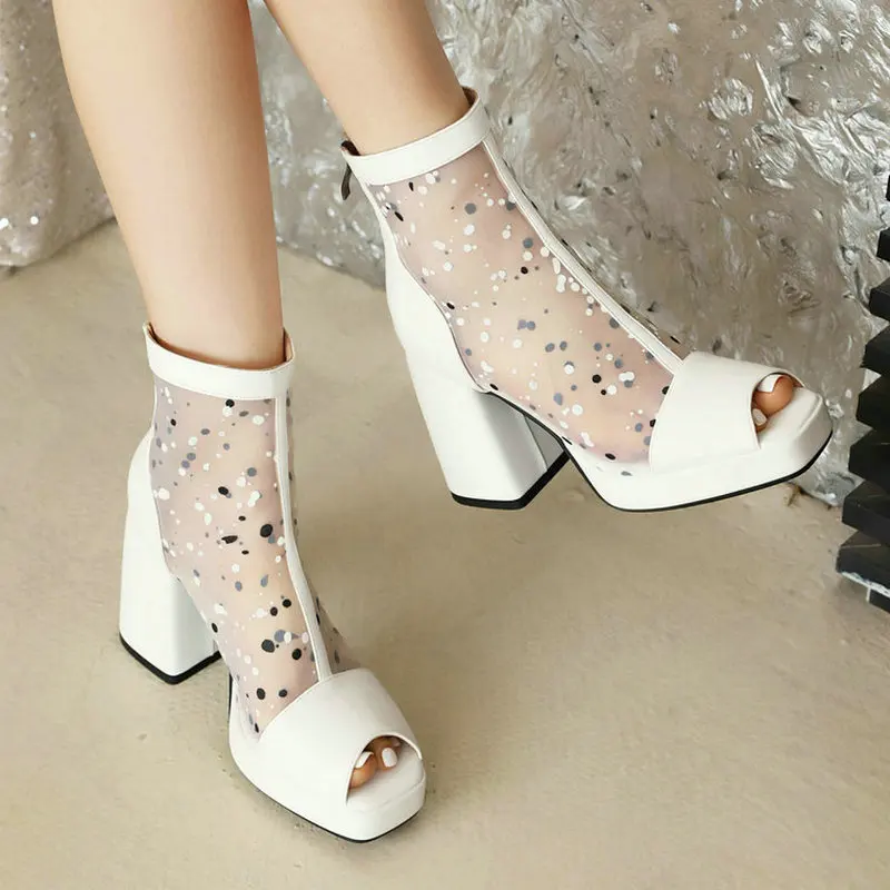 

Black White Summer Women High Heel Shoes Platform Square High Heel Ladies Short Boots PU Leather Peep Toe Zipper Women's Shoes
