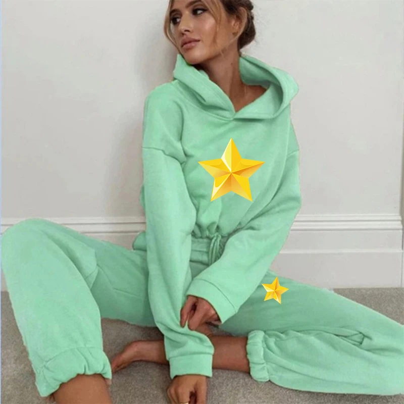 Womens Five-pointed Star Hoodie + Sweatpants 2-piece Suits Tracksuits Hooded Jogging Sports Suits Baseball Uniforms Track Suits