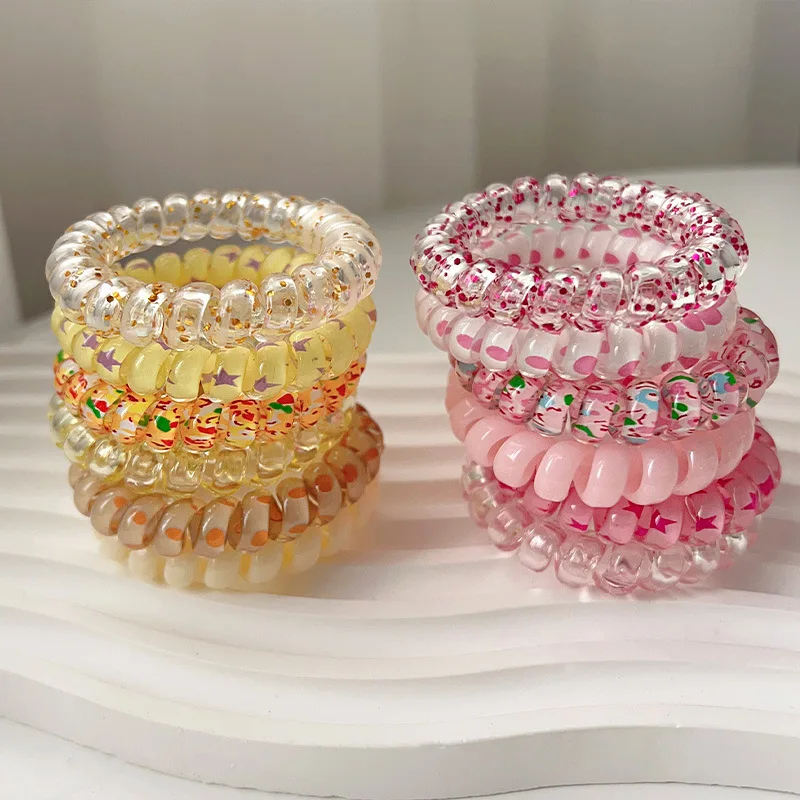 

6pcs/Set Colorful Spiral Hair Ties Waterproof Jelly Color Star Flower Pattern Phone Cord Hair Rope For Girls Ponytail Holder