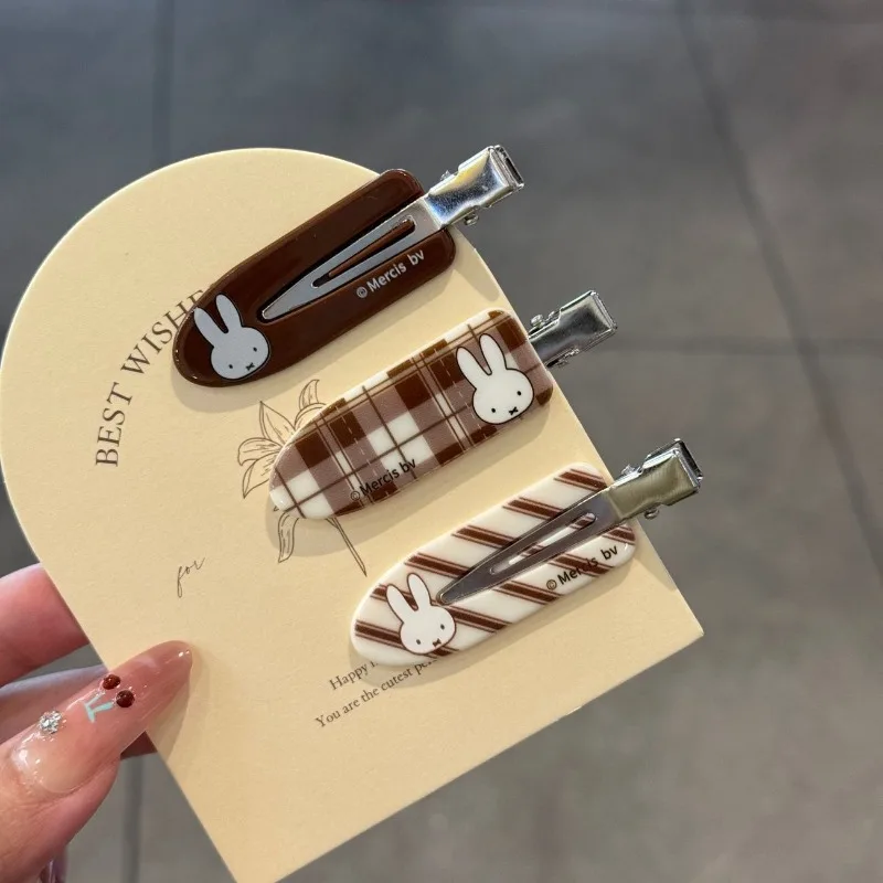 Miffy Cartoon Hairpin - Cute Fresh Curry Color Checkered Bangs Clip