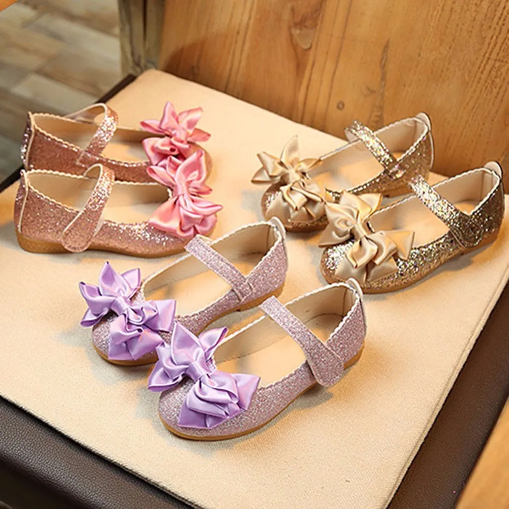 New Children PU Nubuck Leather Shoes Sequins Bow Princess Girls Party Dance Shoes Baby Student Flats Kids Performance