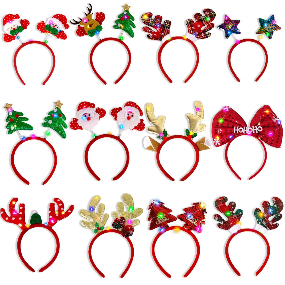 1pcs Christmas Themed Headband Bow Elk Snowman Hat Christmas Tree Headband With Light Navidad Decorations Supplies