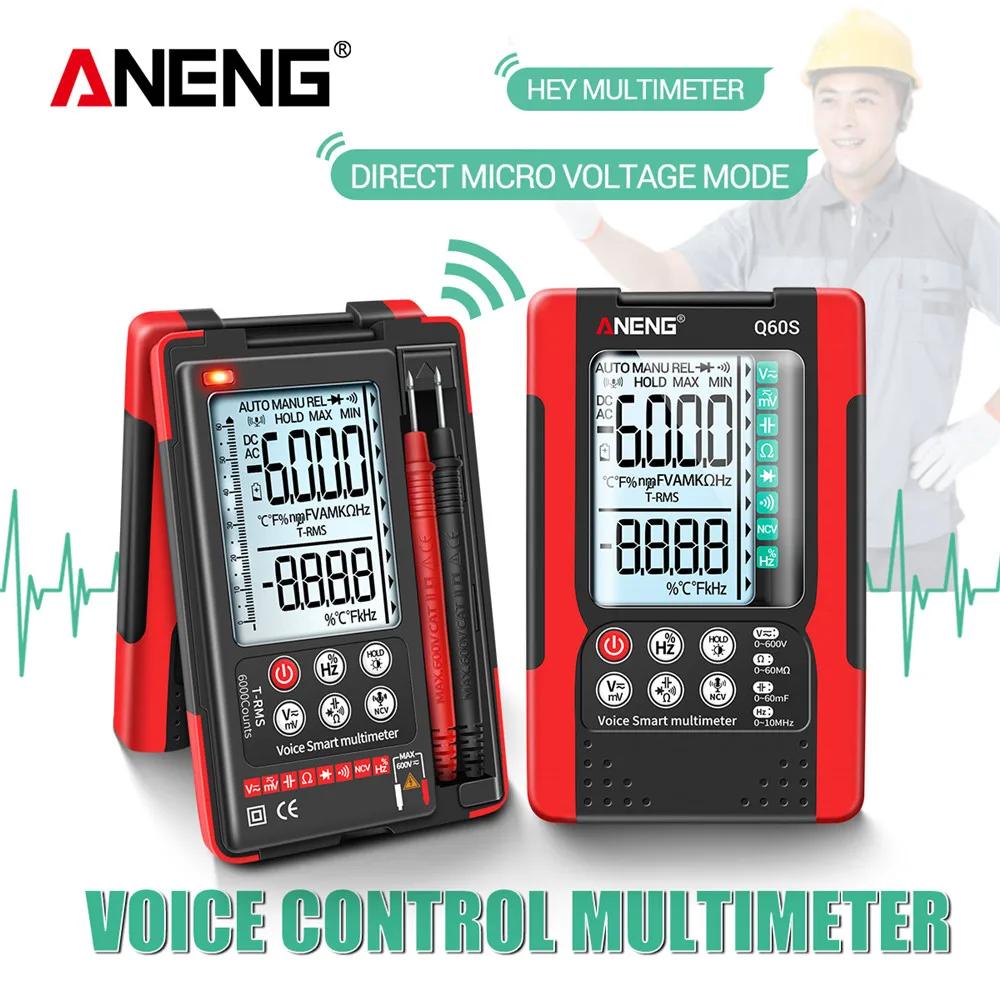 

ANENG Q60S Digital Multimeter AI Speech Recognition Transistor Tester 6000 Counts True RMS Auto Electrical Capacitance Meter