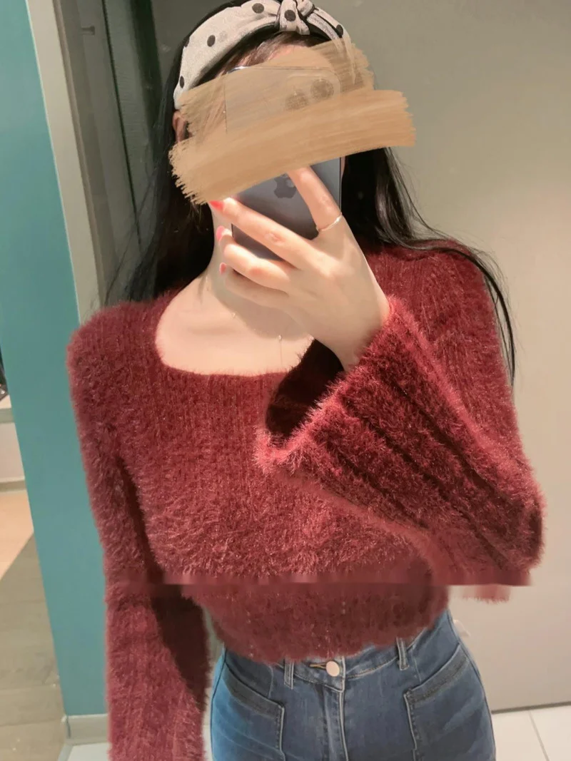 

Короткий свитер с мехом норки и квадратным вырезом, вязаные пуловеры для девушек, милый женский весенний модный свитер C693