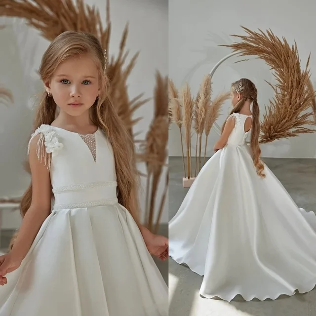 Customized  Flower Girl Dress for Weddings 3D Flowers Beaded Satin A-line Long Birthday Pageant Robe First Communion Gown 1