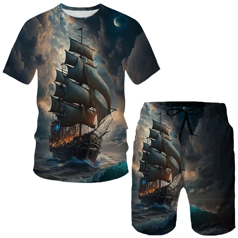 Summer Pirate ship 3D Print T-Shirts Shorts Sets Men's Tracksuits Oversized Short Sleeve T Shirt Pants Set Man Suits Clothing 6