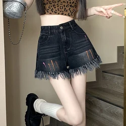 Denim shorts female 2024 new summer graffiti black raw edge summer high waist slim loose plus size A tassel wide leg hot pants
