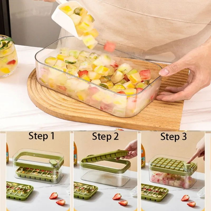 GROFRY 1 Set Ice Cube Tray Single/Double Layer Multiple Grids Press Button  Design Silicone Ice Mold Tray Storage Box with Shovel Kitchen Tool,Green