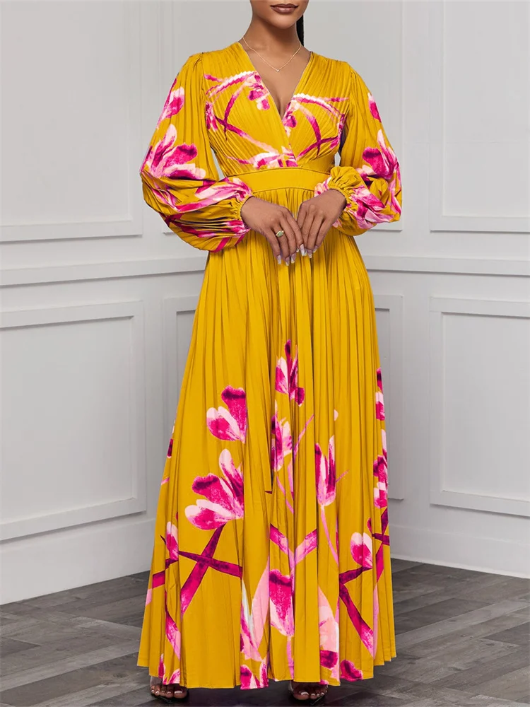 Wmstar 2024 Summer Women Dresses V Neck Long Sleeved Slimming Print Pleated Long Skirt with Elegant Dress Wholesale Dropshipping