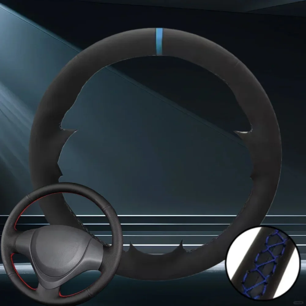 Premium Black Suede Leather Breathable Hand-Stitched Car Steering Wheel Cover