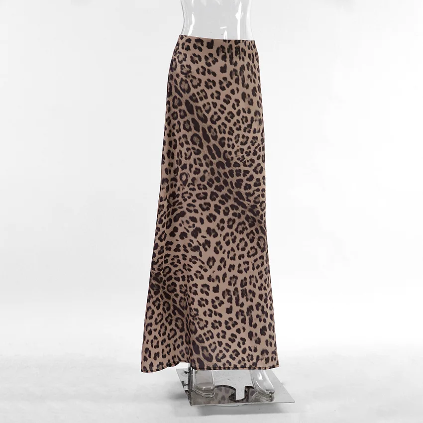 Women's Leopard Print Fishtail Skirt Spicy Girl Fashion Simulation Silk Satin Long Skirt Sexy Commuting Women's Clothing
