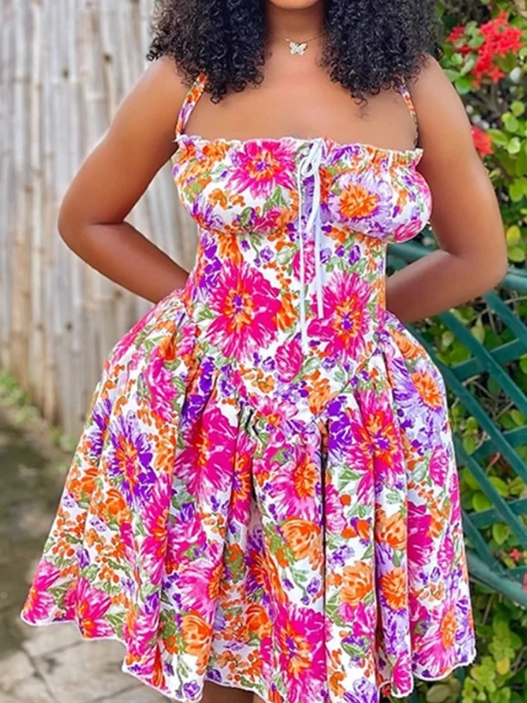 Flower Print Suspender Dress Casual Pleated Drawstring Fluffy Dress Women's  Summer Elegant and Sexy Hanging Neck Dress - AliExpress 200000345