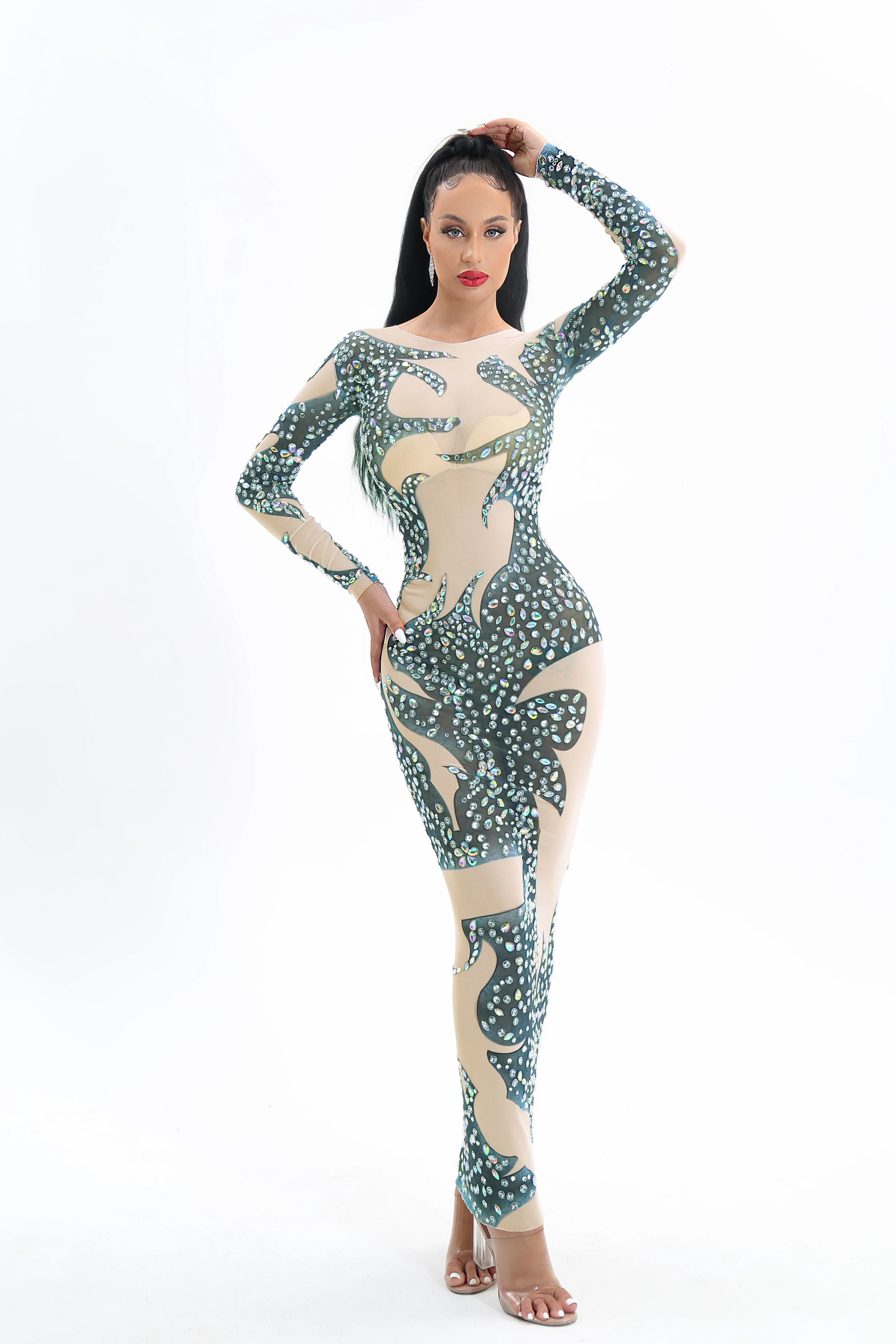 

Sexy Colorful Celebrate Crystals Dress Women Singer Dancer Long Sleeves Stage Wear Birthday Evening Party Outfit Costume