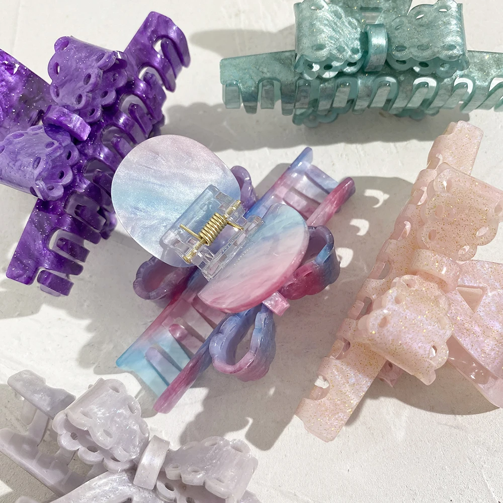 귀여운 아세테이트 그라데이션 다채로운 레이스 나비 매듭 헤어 클로 클립, 여자 패션 머리핀, 파티 헤어 액세서리 2024