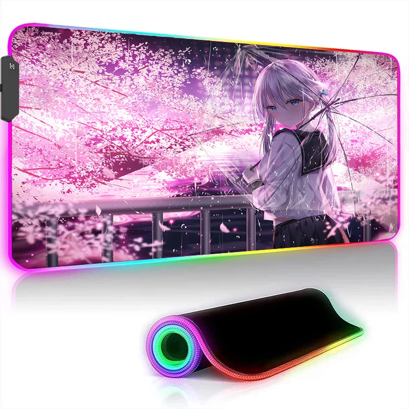 

Mouse Pad Large Anime Cute RGB Gaming Keyboard Mouse Pads Japanese Cherry Blossom Girl Desk Table Mat Laptop Mouse Carpet LED