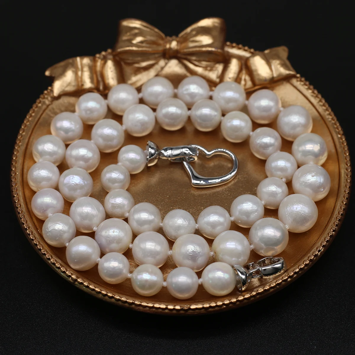 Natural Freshwater Pearl Necklace Round Beads Heart-Shaped Buckle for Woman Handmade Engagement Wedding Jewelry Gift