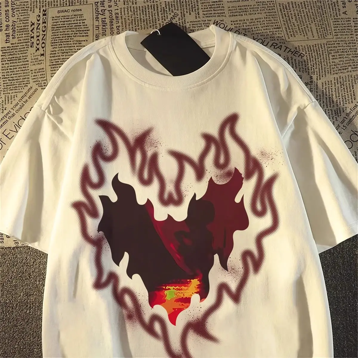 

Korean Street Flame Love Printed T-shirt Trendy Brand Men and Women Y2K Summer Loose Round Neck Couple Half-sleeved Tops
