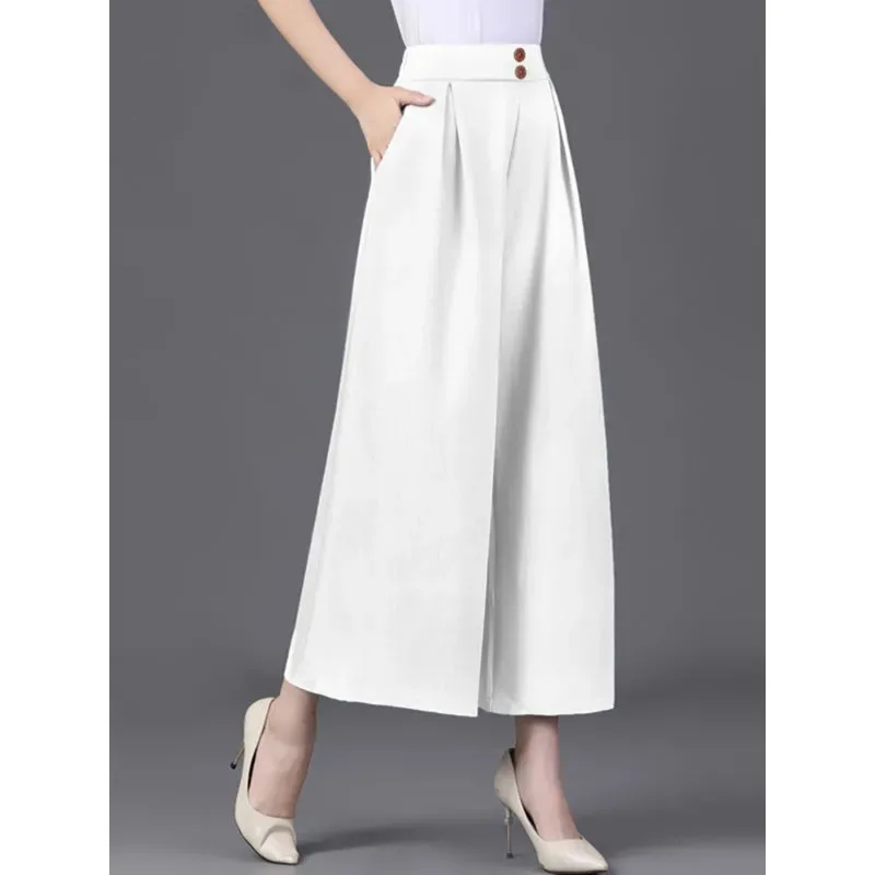 New High Waist Soft  Wide Leg Straight Trouser Ice Slik Culotte Pants Women Casual Oversize Pantalones Ankle-length Sweatpants
