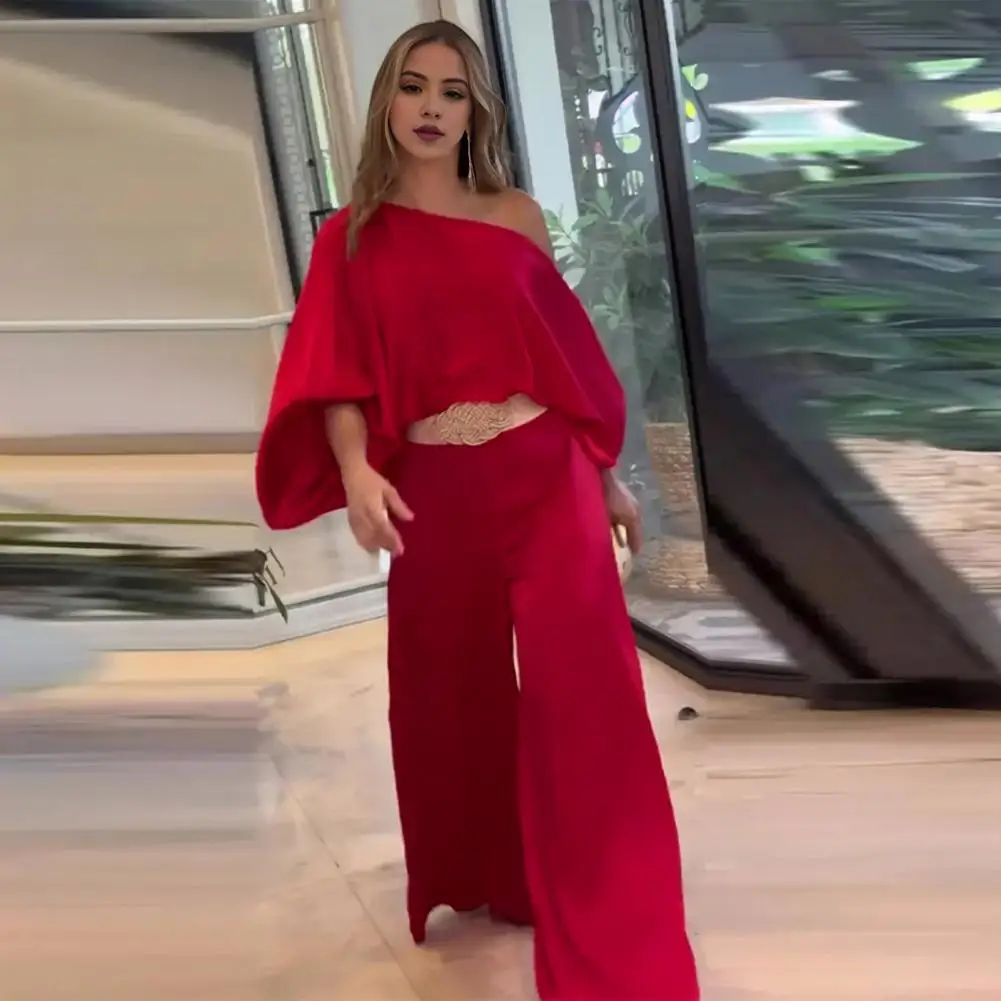 Women Long Sleeve Blouse Suit Elegant 3d Rose Print Women's Top Pants Set with One Shoulder Design High Waist Wide for Office