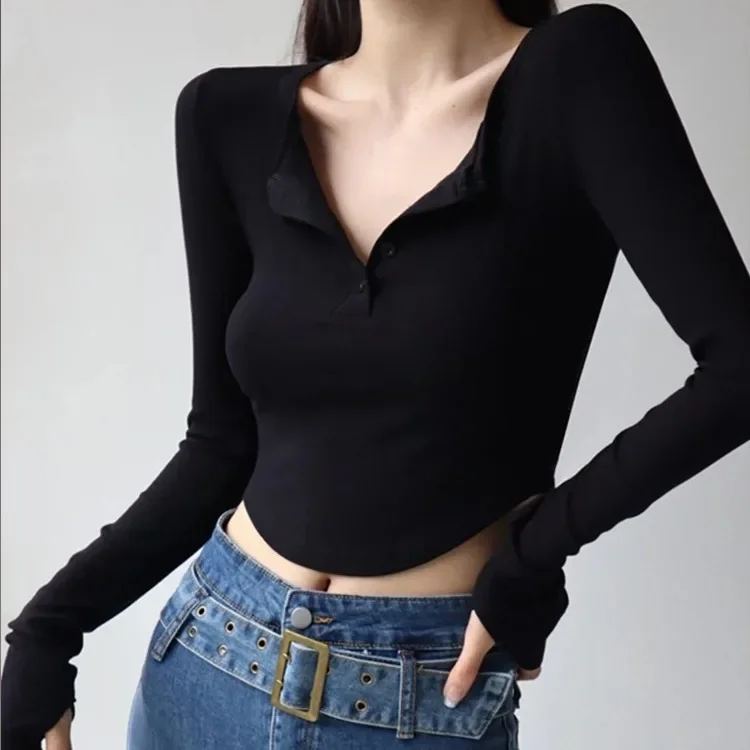 

Women Casual Long Sleeve T-Shirts Spring Autumn Solid Slim Fit Button Tops Sexy Female Y2K Clothes V Neck Streetwear