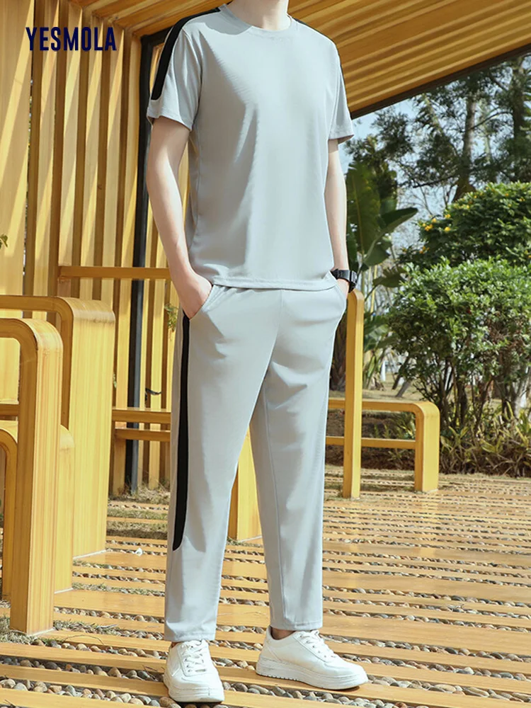 New Men's Sets 2022 Summer Casual Simple T-Shirt Sports Suit Two Piece+Pants Fashion Short-Sleeved Fitness Jogger Tracksuit Men