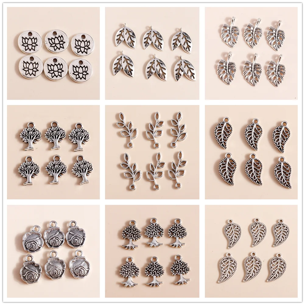 Leslie 50 Stück silberfarbene Metall-Baumblatt-Blumen-Anhänger, Charms für DIY-Schmuckherstellung, Halsketten, Legierungsarmband, handgefertigtes Handwerk
