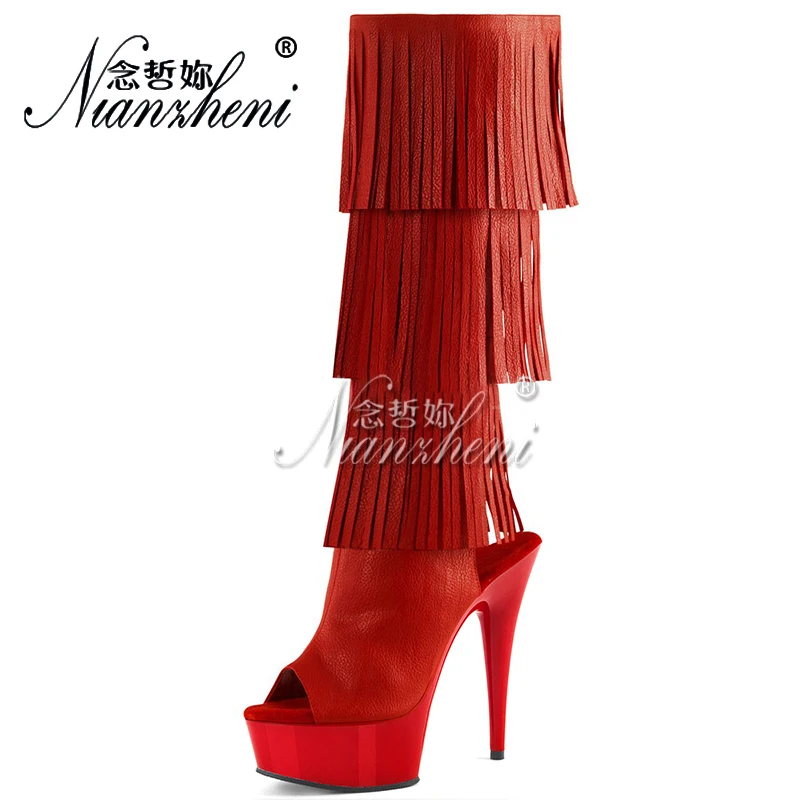 

Red High Heels Peep Toe 15cm Fringe Platform Mid-Calf Strip Pole Dance 20cm Women's Catwalk Gothic Punk Cross Dressing Nightclub