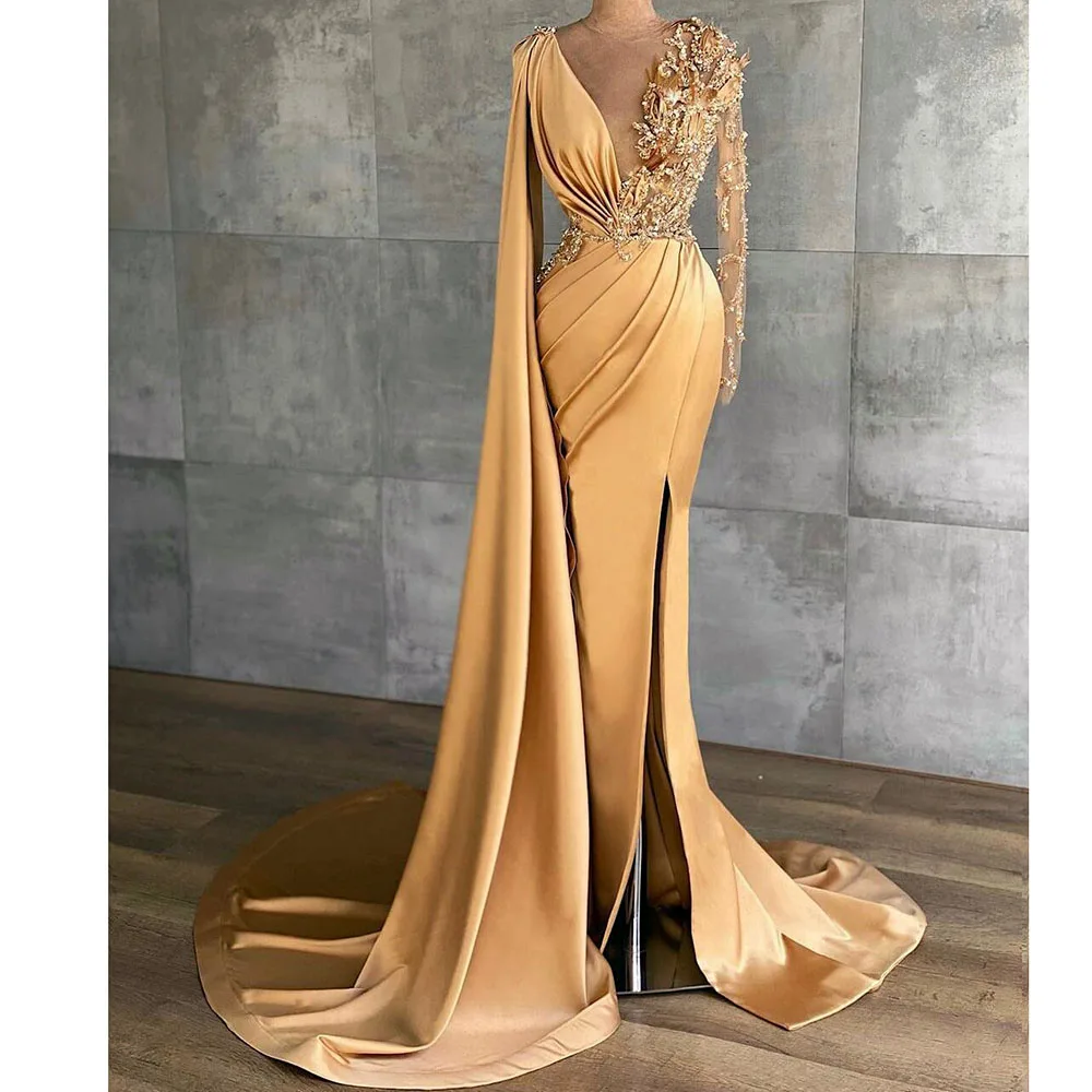 

2023 Gorgeous Champagne Evening Dresses Crystal Beading Mermaid Long Sleeves Formal Illusion Party Prom Gowns Split Front Satin