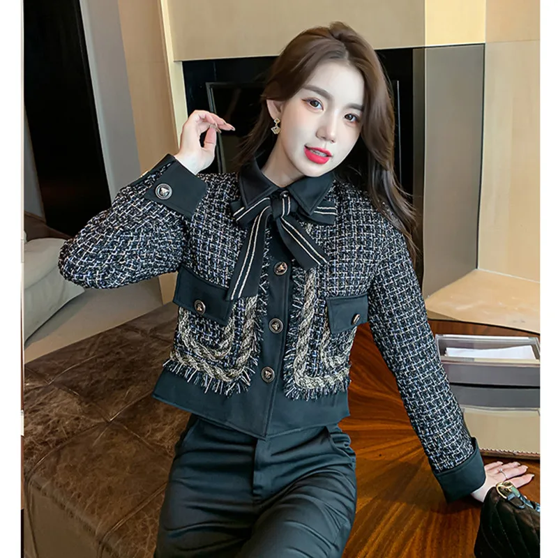 

WIGADFHK Autumn Ladies Short Coat Tweed Jacket and Pants Two-Piece Suit Women's Elegant Pencil Pants Set Slim Outfits Winter