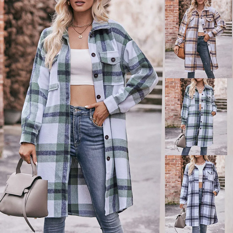 2023 New Autumn and Winter Elegant Fashion Simple Casual Flannel Plaid Temperament Commuter Women's Comfortable Shirt Long Coat sheepskin leather gloves women s knitted 70% wool flannel lining warm in autumn and winter high end touch screen leather gloves