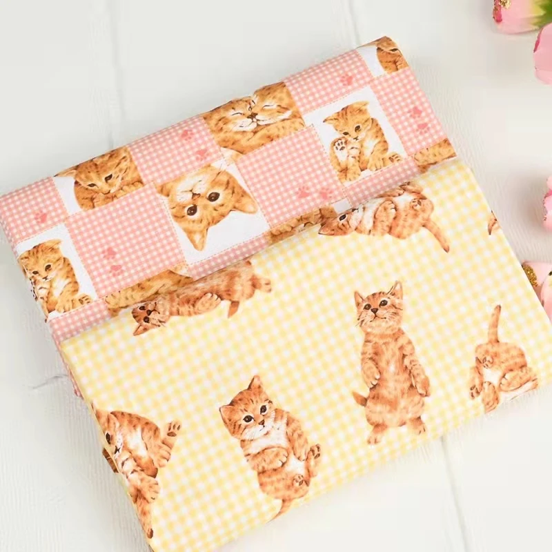 Cotton Woven Fabric Showa Cartoon Characters Cute Kitten, Lattice