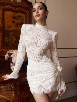 Abito da donna in pizzo bianco stile francese retrò con fiori 3D, collo alto, vita arricciata, maniche a campana, gonna sexy, elegante per feste
