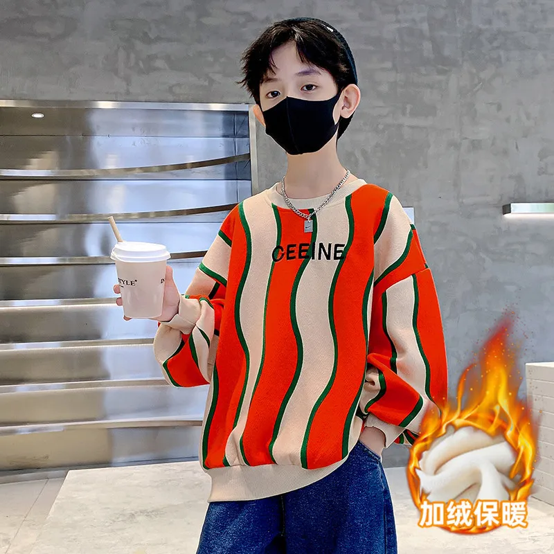 

Teens Clothes Fashion Casual Wave Stripe Top Winter Plush Warm Sweatshirt for Boys Crew Neck Pullover Children's Clothing 4-14 Y