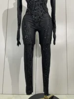 Luxury Festivals Outfit Sparkle Diamonds Sequins Black Spandex Jumpsuit Women Eveing Birthday Party NightClub Bar Stage Costume - Image 6