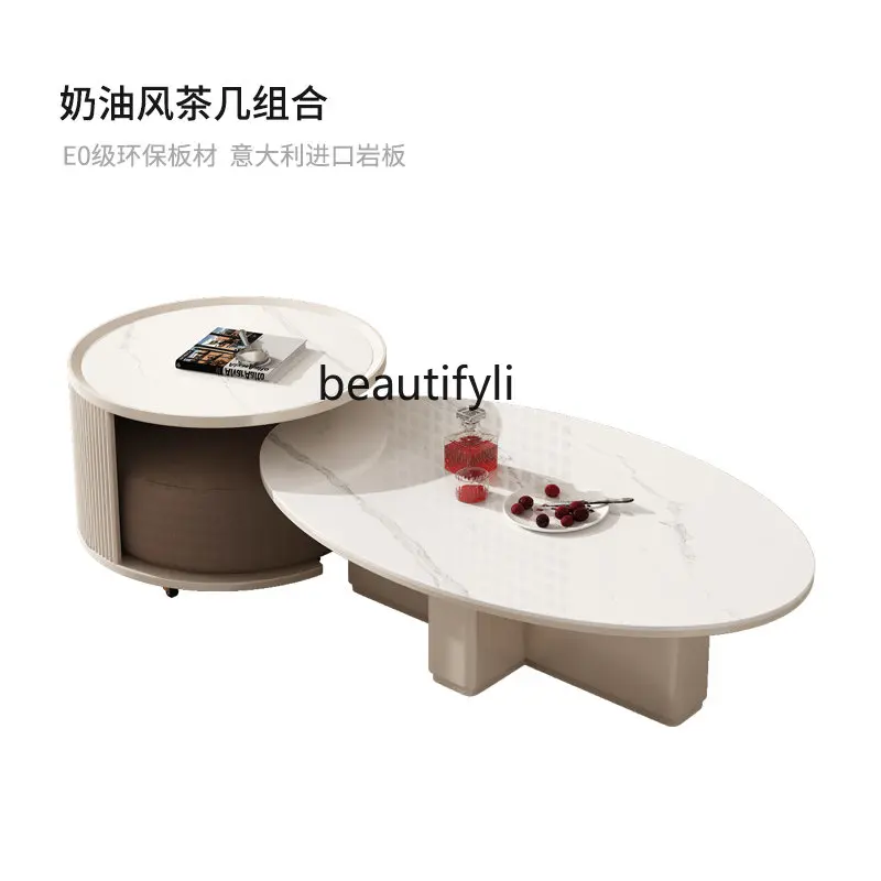 

Italian Living Room Light Luxury Modern Stone Plate Retractable Coffee Table Simple round Tea Table TV Cabinet Unit