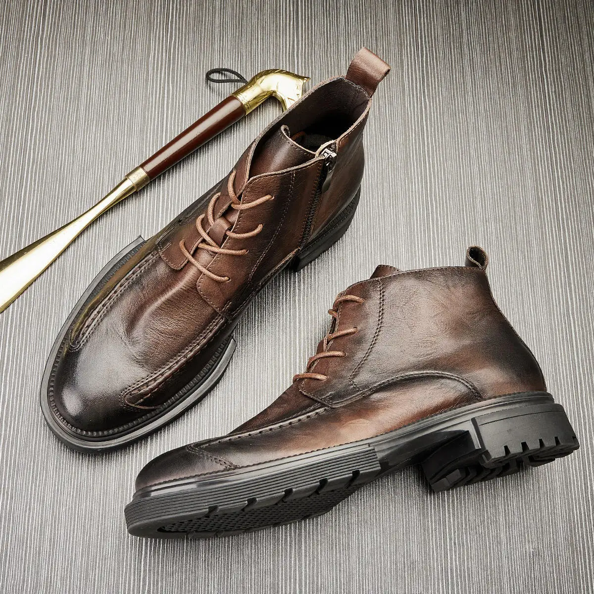 Men Side Zip Leather Boots High-top Thick Sole Shoes British Style Lace-up Comfortable Leisure Non-slip Footwear Bota Masculina