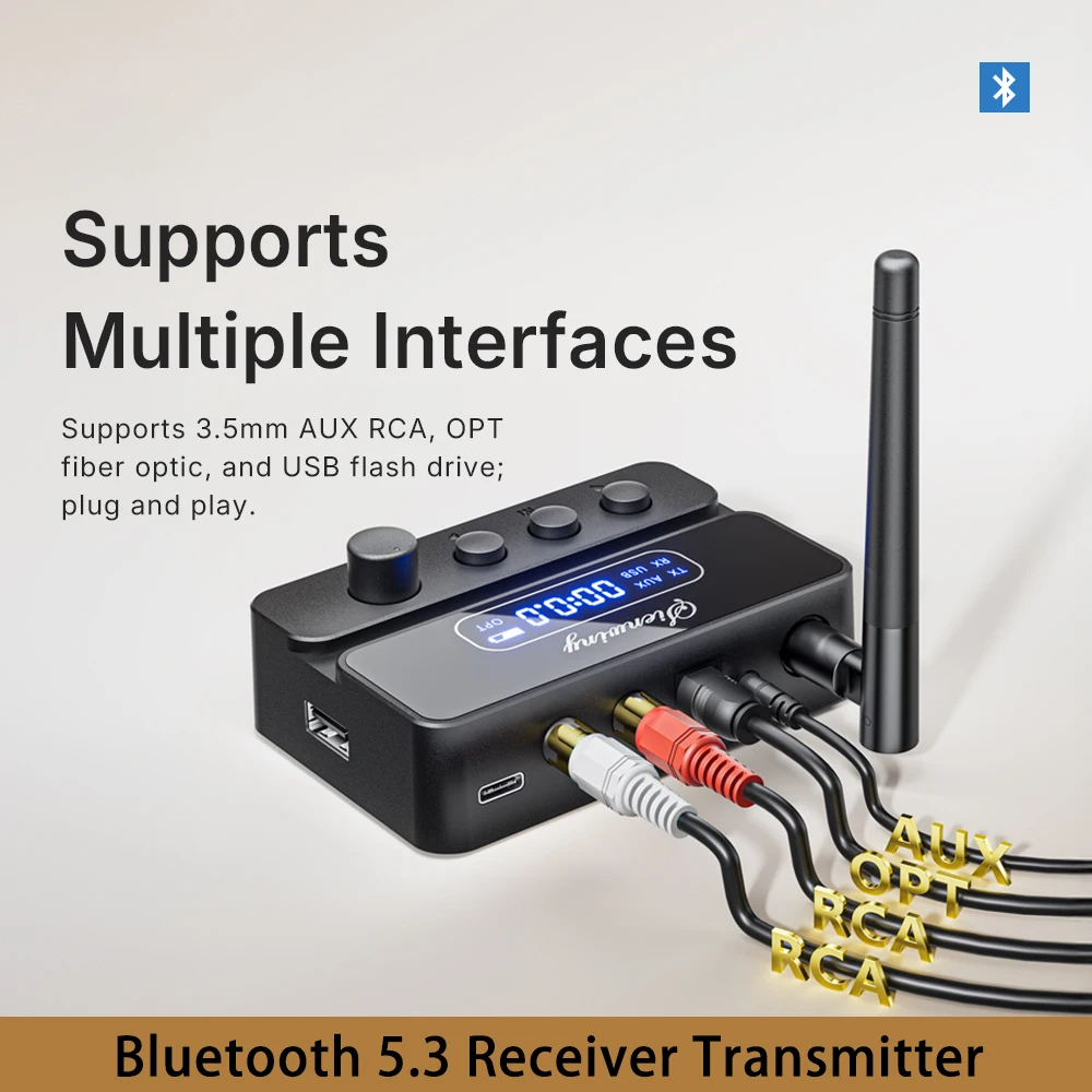 블루투스 5.3 송신기 수신기 HiFi OPT 광학/AUX 3.5mm/RCA/USB/U-디스크 15M 범위 400mAh RX/TX 2-in-1 TV PC 스피커용