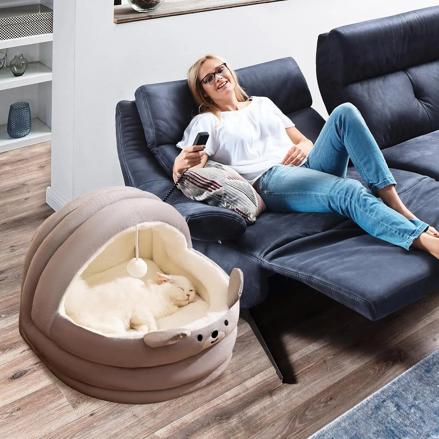 Cat Cave Bed, Cat Bed with Removable Washable Inner Cushion, Half-Enclosed Cat Bed, Cozy Pet Cave Bed, Pet Cat Bed Tent House