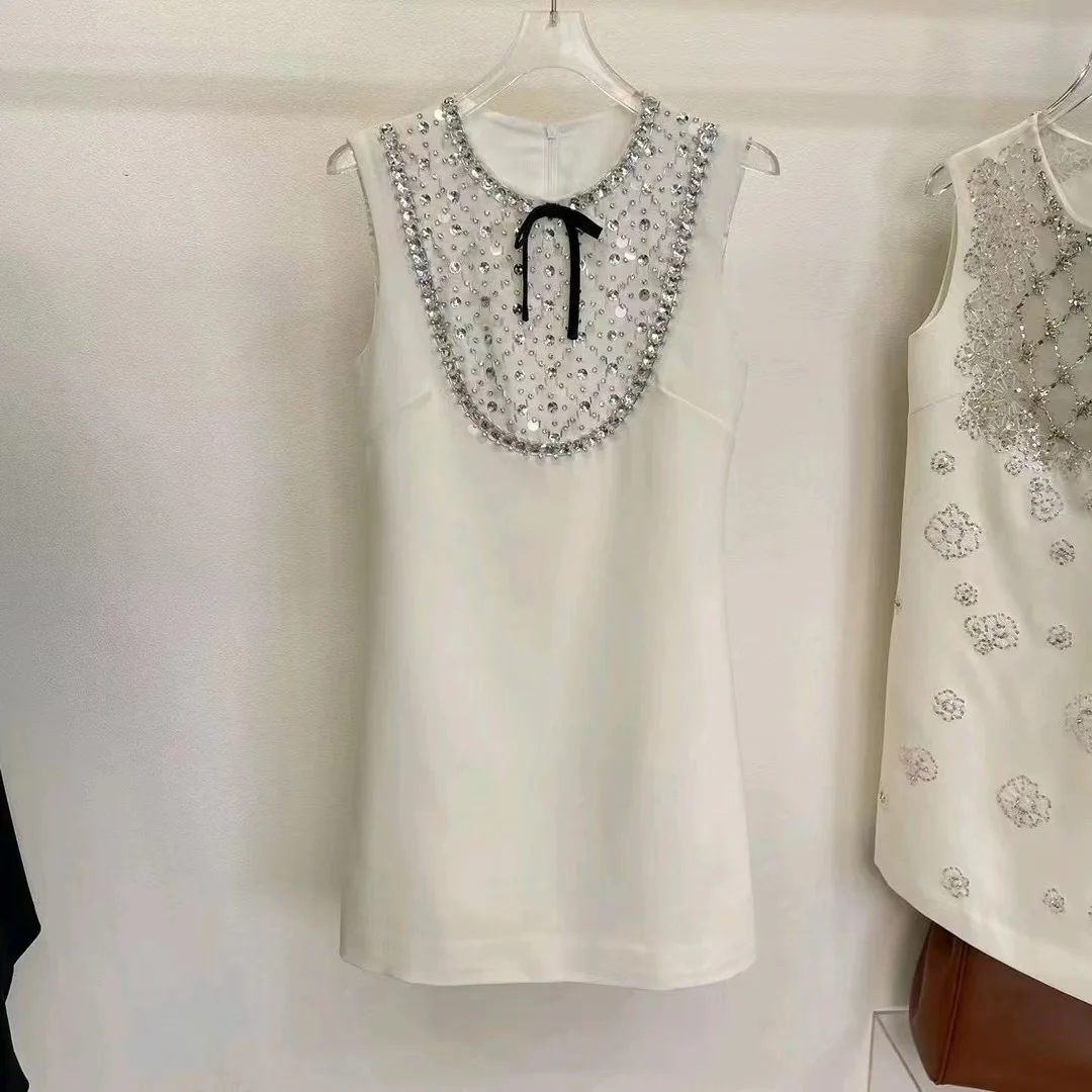

High-end White Dress 2023 New Arrival Heavy Industry Rhinestone Dress French Fashion Bow Sleeveless Elegant Party Feminine Dress