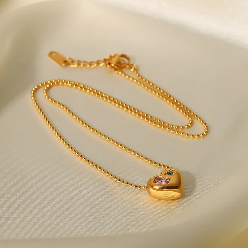 Stainless Steel Ball Chain Zircon Heart Pendant Necklace Women Ins Style Gold Chain Collarbone