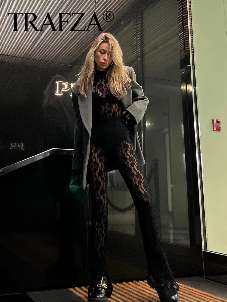 TRAFZA 2pcs Lace Pants Sets For Women Fashion Trend Hollow Out Slim Jumpsuits + Flare Pants Versatile Women's Long Leggings 5