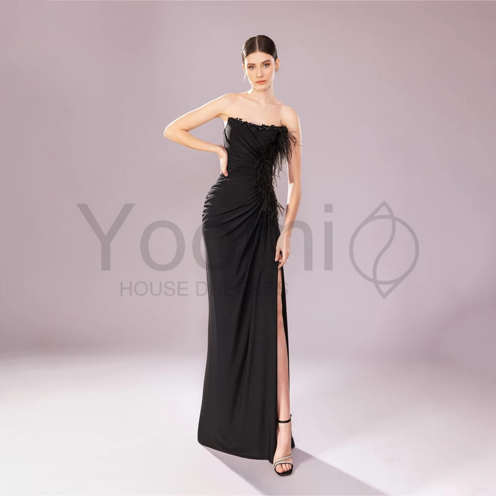 

Evening Dress Strapless Neck Women Birthday Party Formal Dress Floor Length With High Slit Feathers Graduation gown 2024