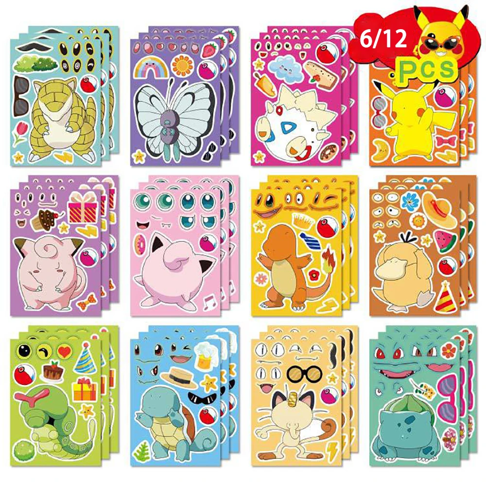 

6/12Sheets Anime Pokemon Children Puzzle Stickers Make-a-Face Assemble Funny Cartoon Decal Assemble Jigsaw Children Boy Toy Gift