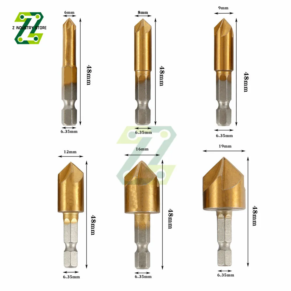 

6pcs Drill Bit Set Hex Shank HSS 90 Degree Wood Chamfering Cutter Chamfer 6mm-19mm Woodworking Tools