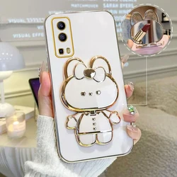 Cute Rabbit Makeup Mirror Phone Holder Case - Luxury Stand Cover for IQOO Z3 (White)