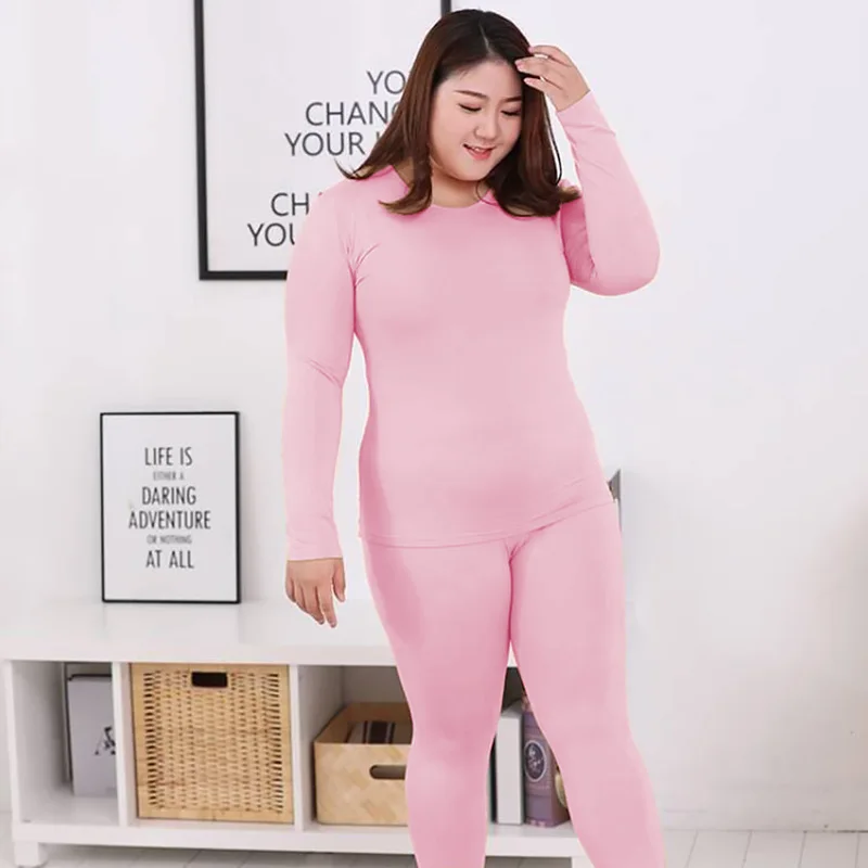 2pcs Warm Underwear For Women Shaped Sets Solid Color Thin Plush Plus Size O Neck Thermal Underwear High Quality Long Johns Warm